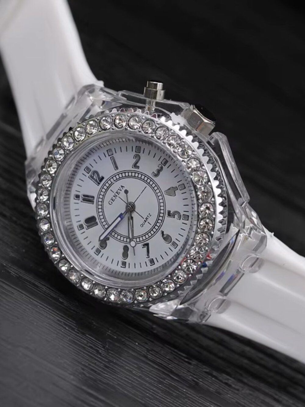 LED Light Up Analog Wrist Watch White Band Crystal Bezel Fashion Gift Unisex